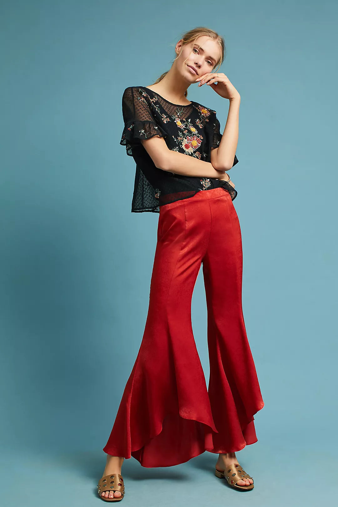 Anthropologie Black Mesh Floral Embroidered Blouse, Size S