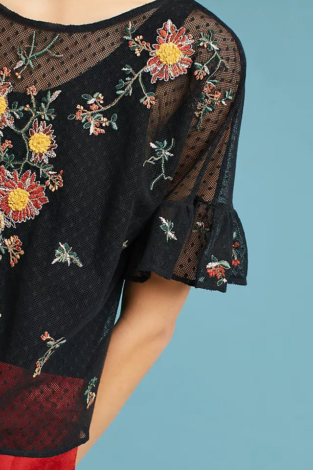 Anthropologie Black Mesh Floral Embroidered Blouse, Size S