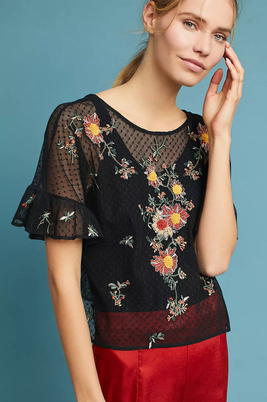 Anthropologie Black Mesh Floral Embroidered Blouse, Size S