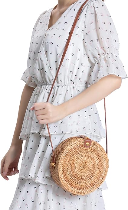 Round Woven Rattan Crossbody Purse