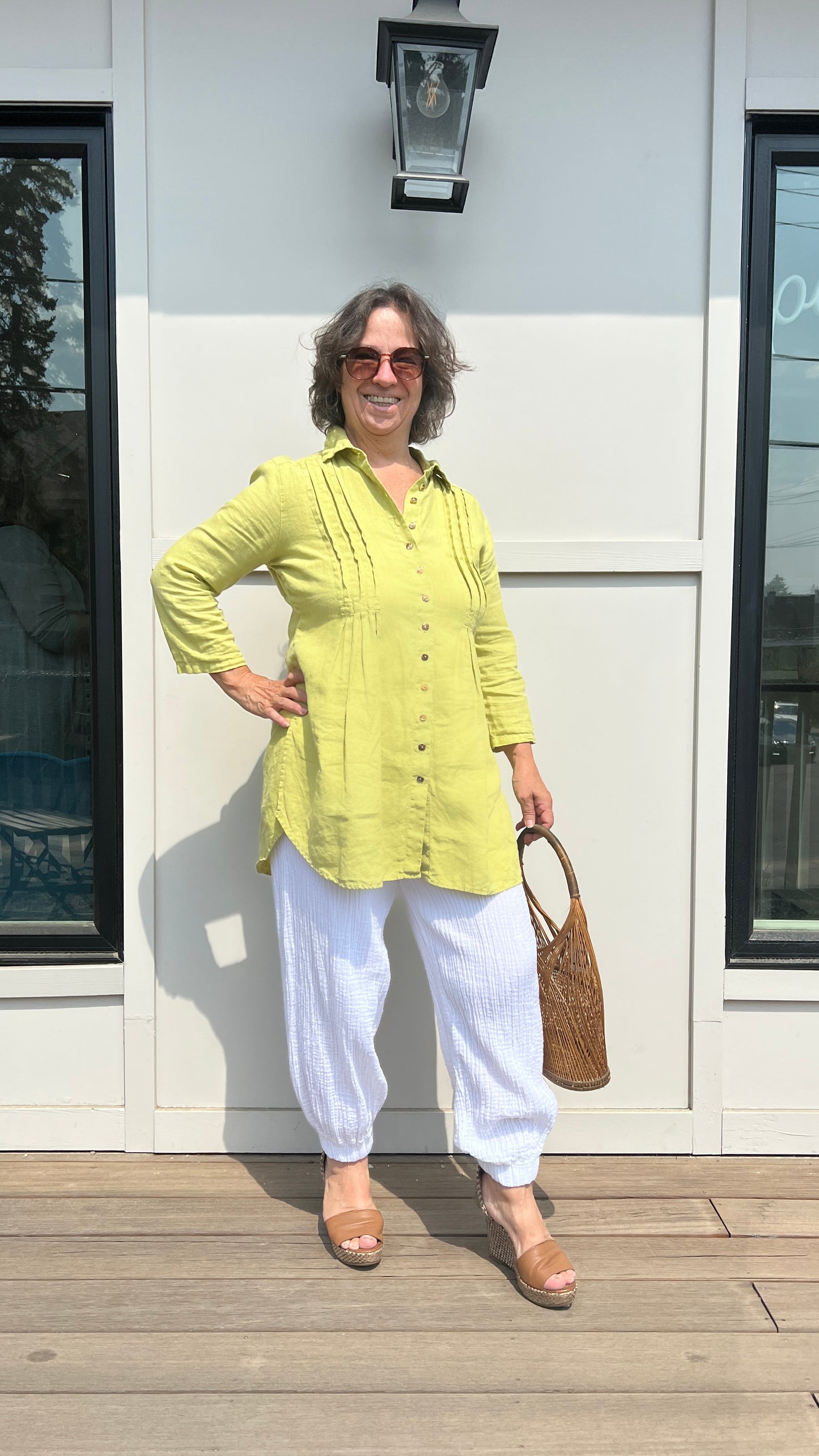 Color Me Cotton Lime Green Linen Blouse, Size S