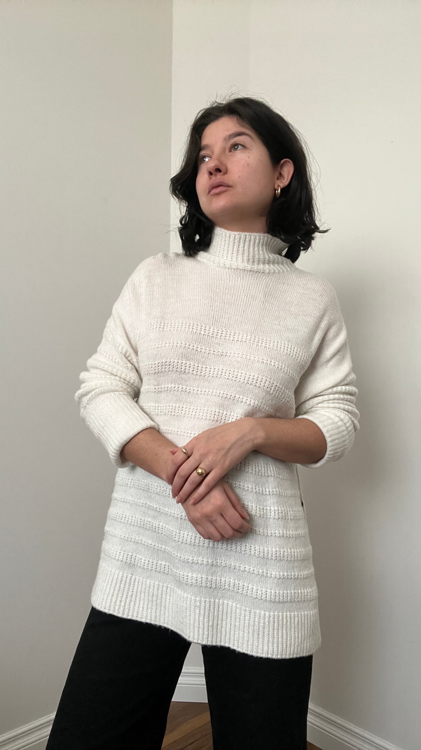 Max Studio White Stripe Textured Turtleneck, Size L