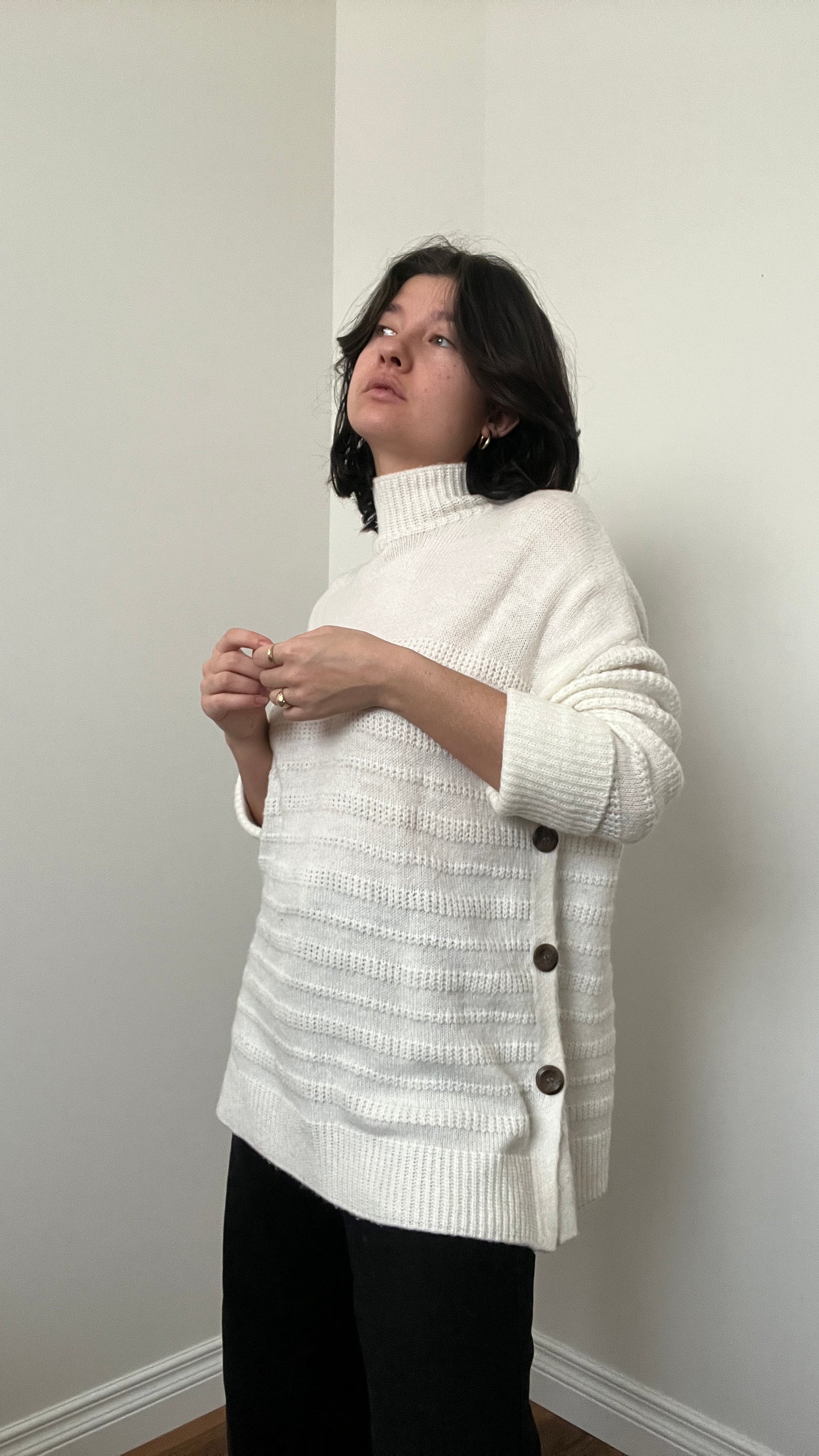 Max Studio White Stripe Textured Turtleneck, Size L