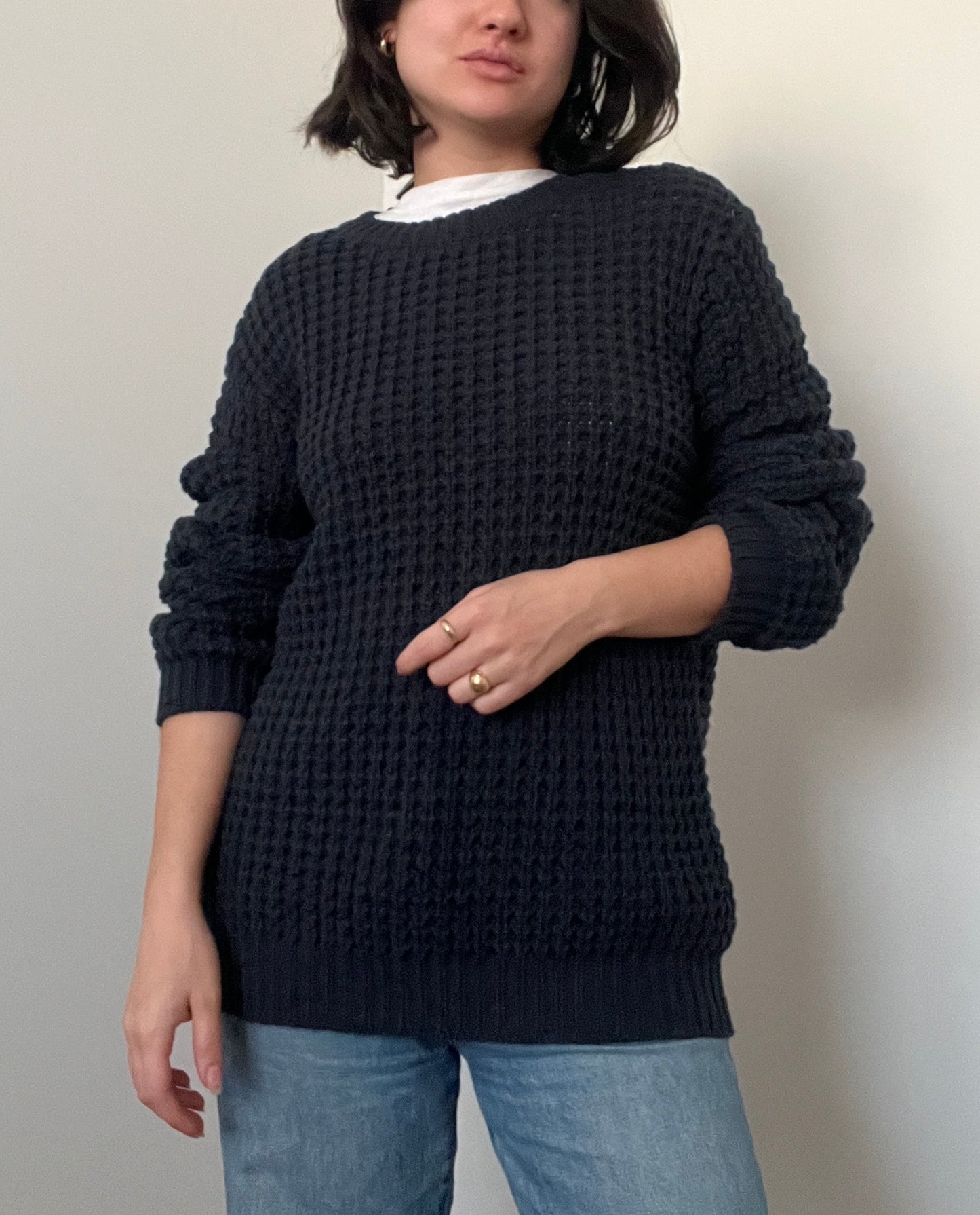 Oak & Fort Navy Chunky Knit Crewneck, Size M/L