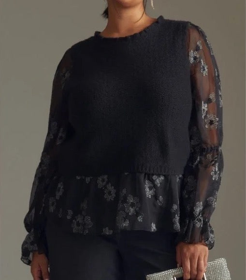 Anthropologie Black Sheer Floral Sleeves, Size L