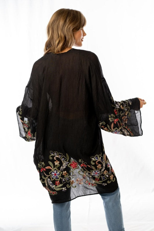Three Bird Nest Black Floral Kimono, Size O/S