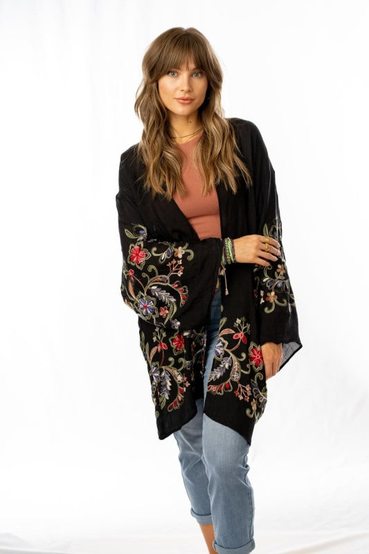 Three Bird Nest Black Floral Kimono, Size O/S