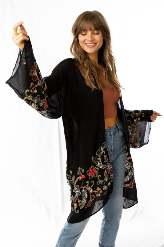 Three Bird Nest Black Floral Kimono, Size O/S