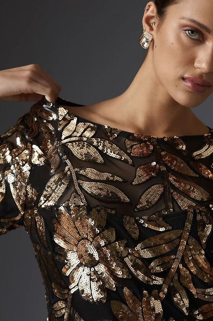 Anthropologie Gold Sequin Flower Dress, Size M