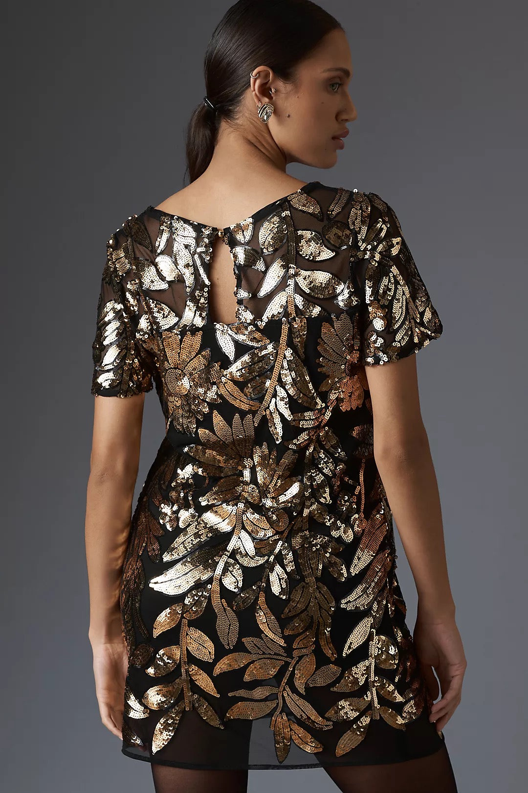Anthropologie Gold Sequin Flower Dress, Size M