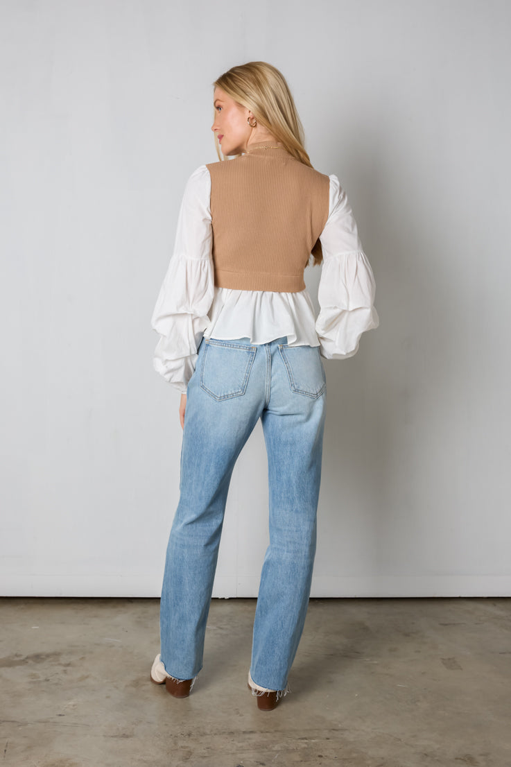 Anthropologie White Rouched Sleeve Top, Size S