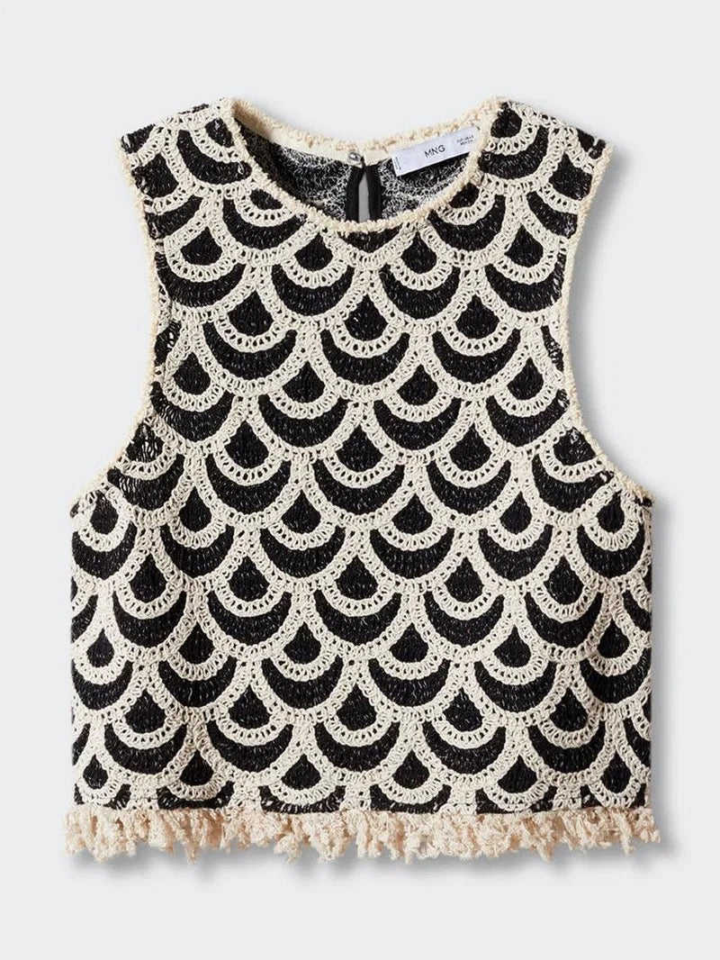 Mango Geometric Crochet Top Black & Cream, Size S