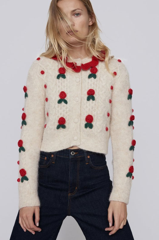 Zara Crotchet Rose Cream Cardigan, Size L