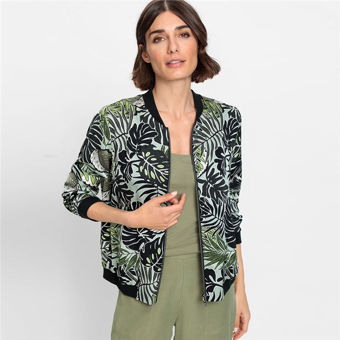 Olsen Satin Tropical Leaf Green Bomber Jacket, Size 40