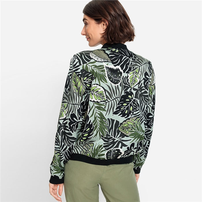 Olsen Satin Tropical Leaf Green Bomber Jacket, Size 40