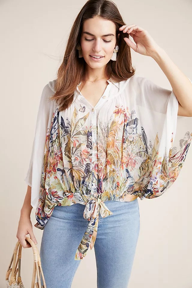 Anthropologie Portia White Floral Sheer Blouse, Size S