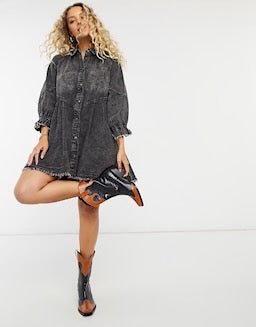 Free People Hannah Mini Black Denim Dress, Size S
