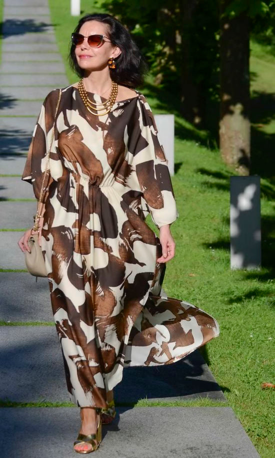 Mango Brown Abstract Print Dress, Size M