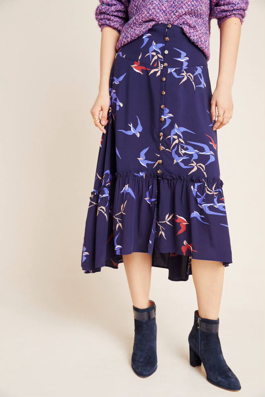 Anthropologie Merida Navy Flounced Bird Midi Skirt, Size 6