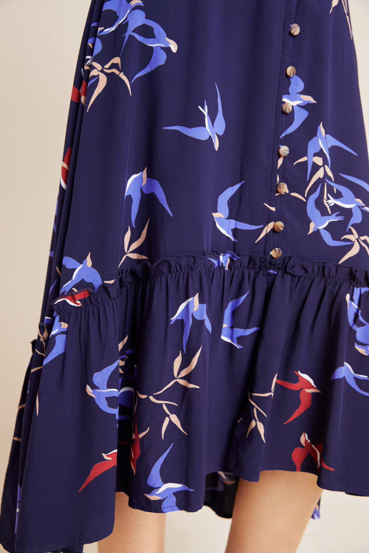 Anthropologie Merida Navy Flounced Bird Midi Skirt, Size 6