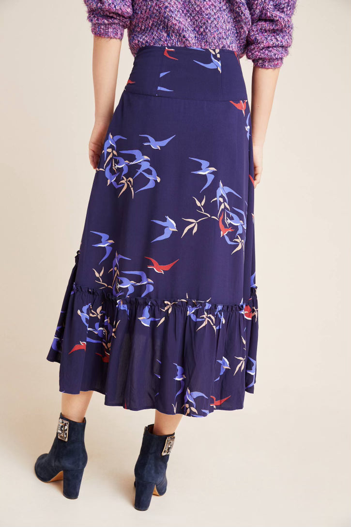 Anthropologie Merida Navy Flounced Bird Midi Skirt, Size 6