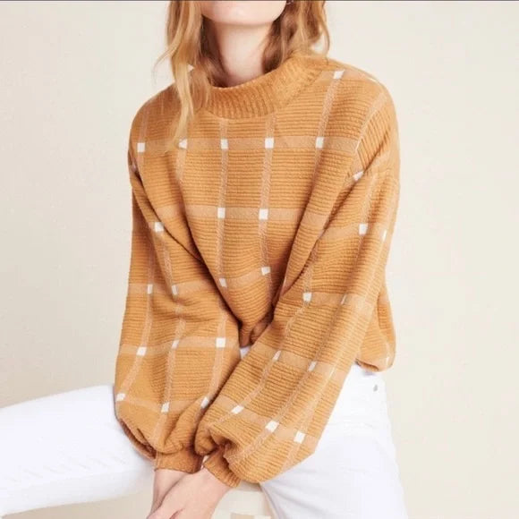 Anthropologie Porridge Tan Square Printed Sweater Size S Revive Attire