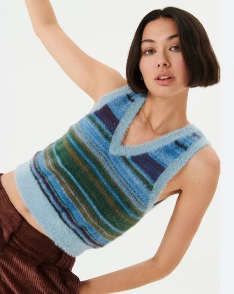 Sunday Best Blue Fuzzy Striped Vest, Size M