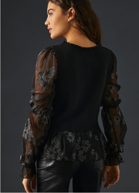 Anthropologie Black Sheer Floral Sleeves, Size L
