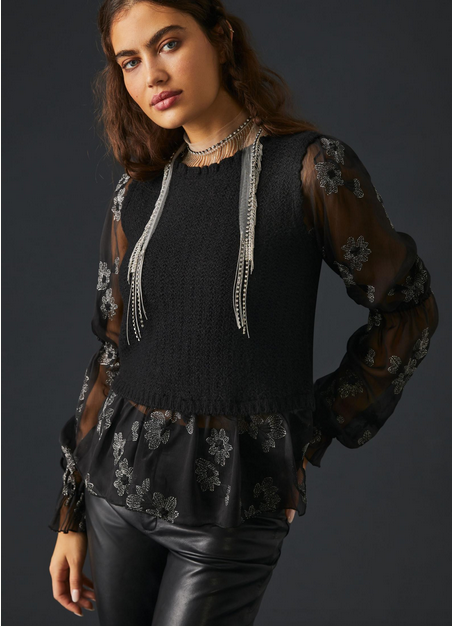 Anthropologie Black Sheer Floral Sleeves, Size L
