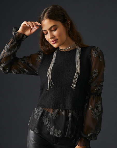 Anthropologie Black Sheer Floral Sleeves, Size L