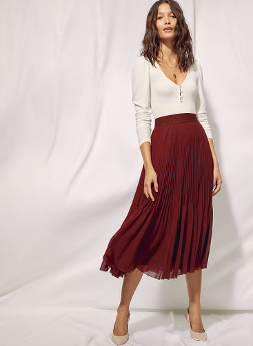 Wilfred Burgundy Pleated Maxi Skirt, Size M