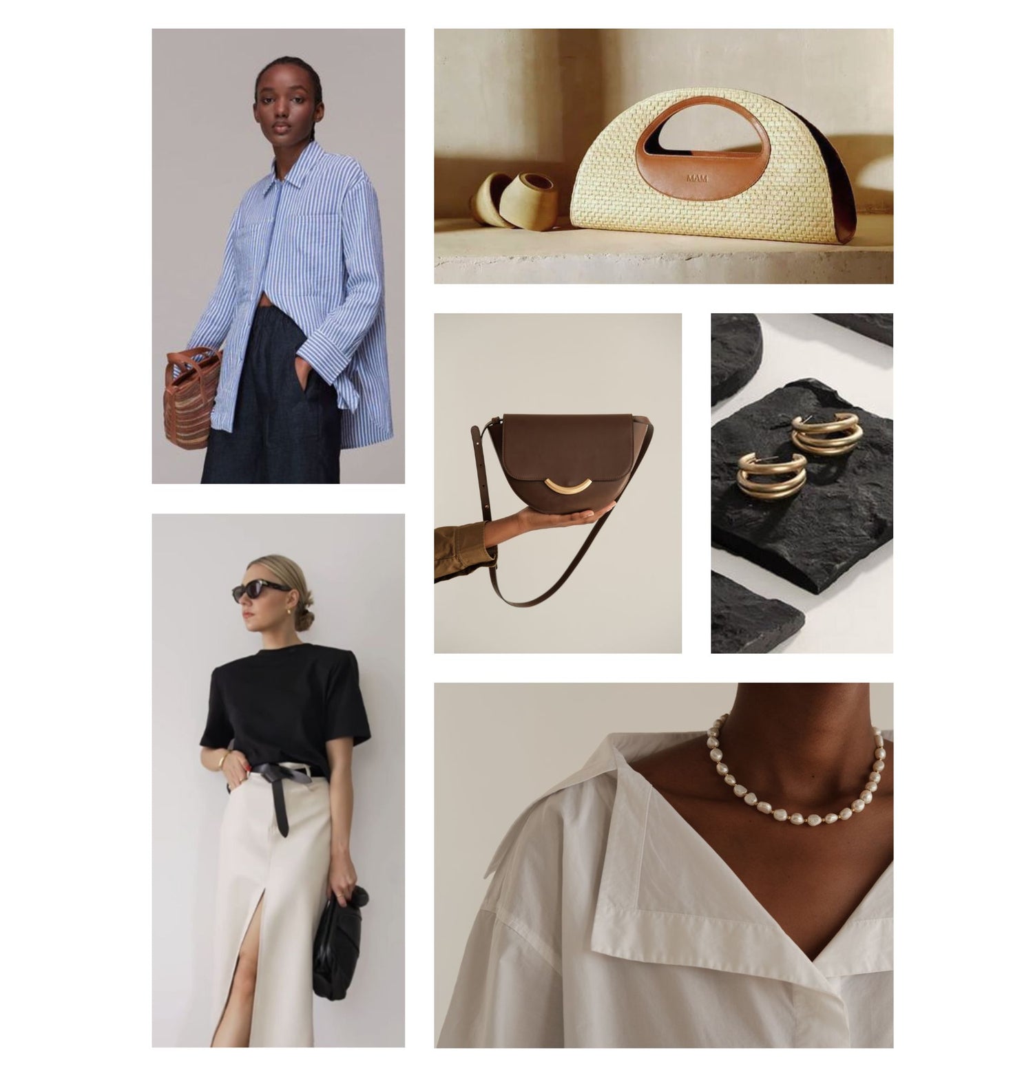 Collage of stylish women's consignment clothing and accessories from a boutique in Calgary. Features a woman in a striped blue shirt, woven handbags, gold hoop earrings, a brown leather crossbody bag, a woman in a black top and white skirt with a slit, and a close-up of a pearl necklace.