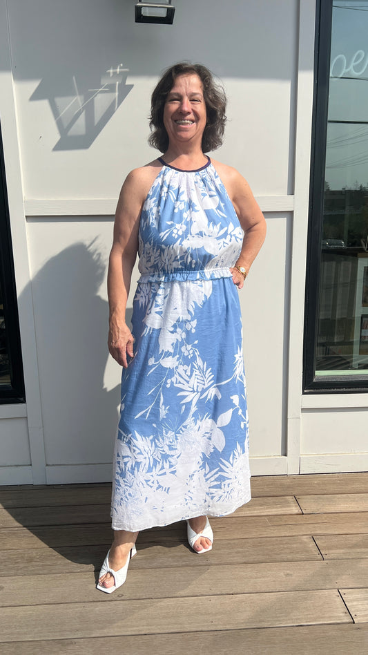 NWT Tahari Blue Floral Maxi Dress, Size 14