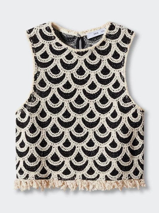 Mango Geometric Crochet Top Black & Cream, Size S