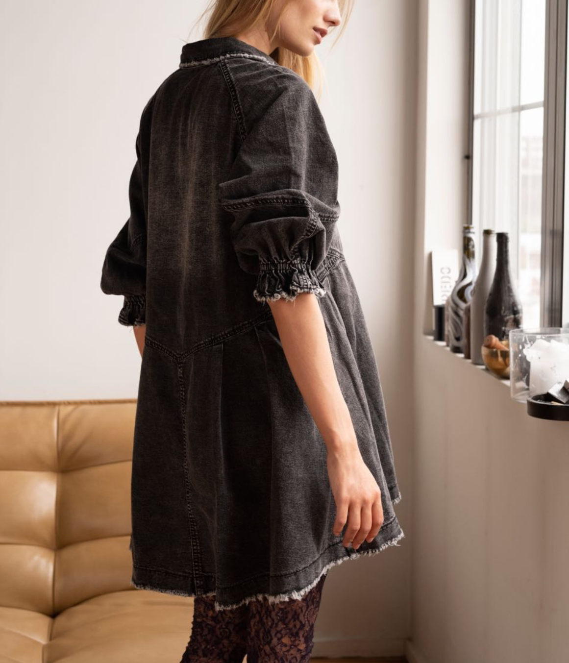 Free People Hannah Mini Black Denim Dress, Size S