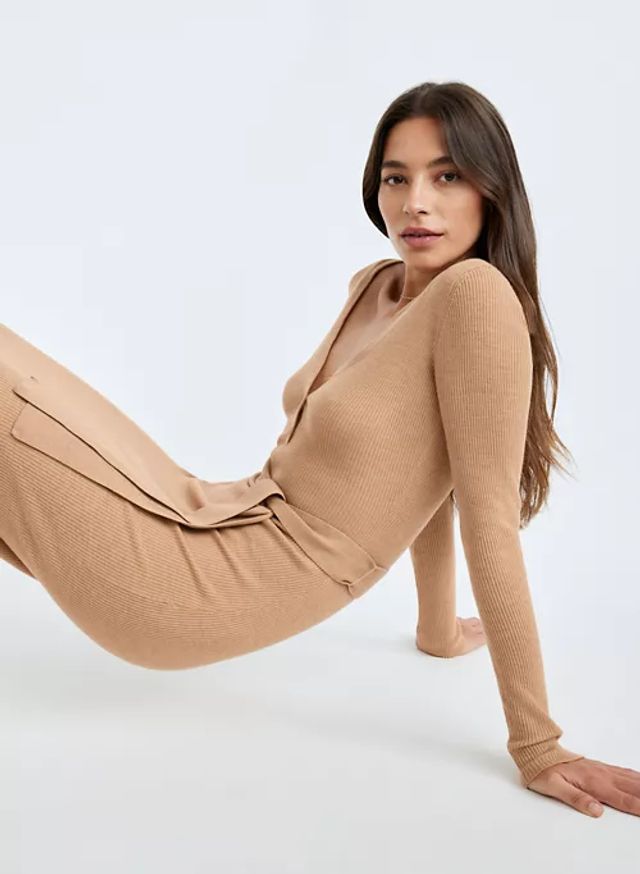 Babaton Tan Ribbed Body Con Maxi Dress No Belt, Size M