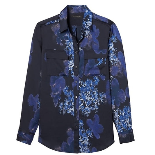 Banana Republic Blue Watercolor Floral Blouse, Size S