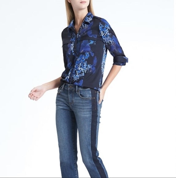 Banana Republic Blue Watercolor Floral Blouse, Size S